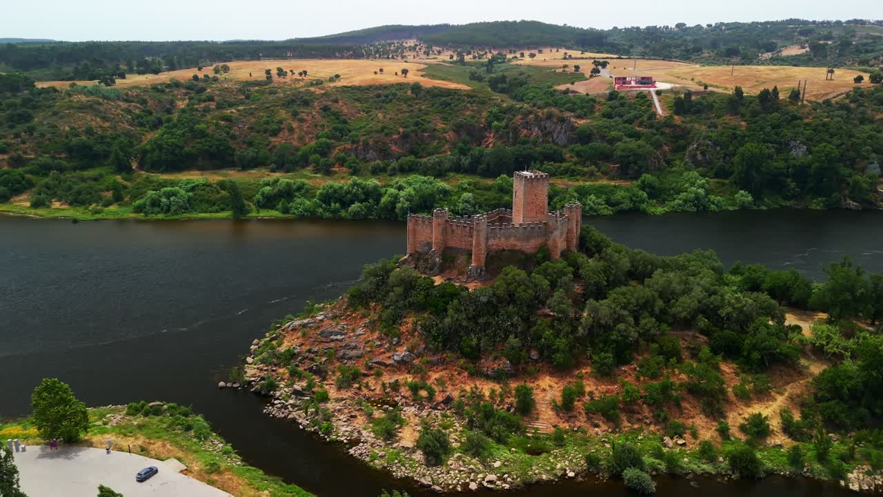 Drone orbit panorama shows Castelo de Almourol on Rio Tejo island, Santarém, Portugal