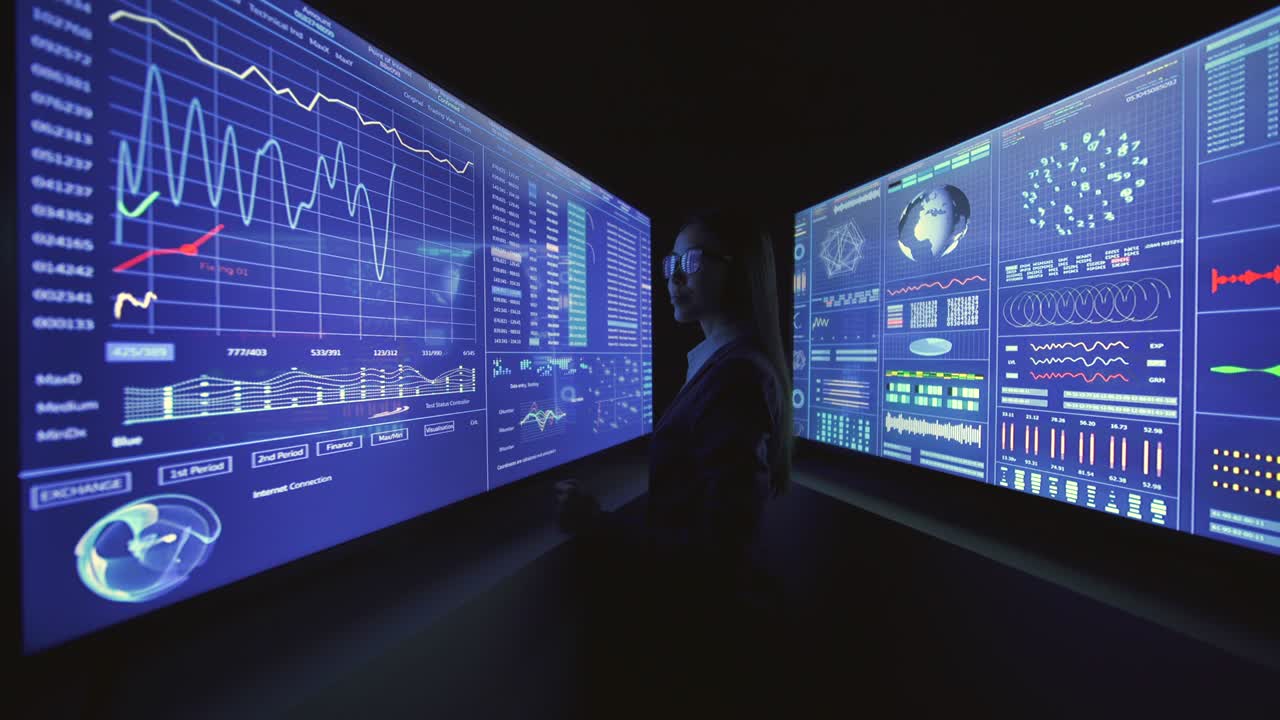 The young businesswoman working on a blue sensor display in the dark lab