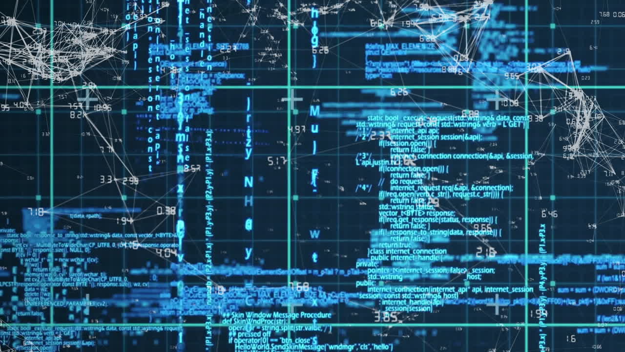 Abstract data dashboard displaying dark blue grid with cyan lines, code snippets, network nodes