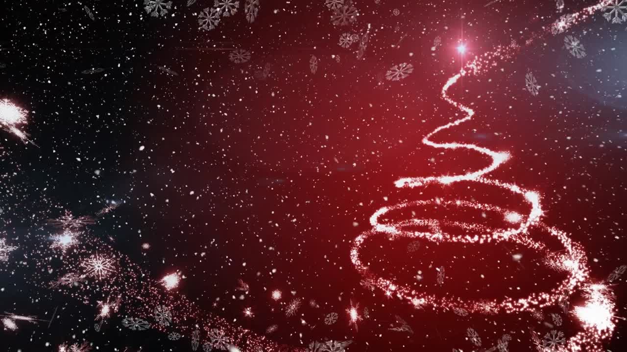 Animação de flocos de neve sobre árvore de Natal em fundo vermelho.
