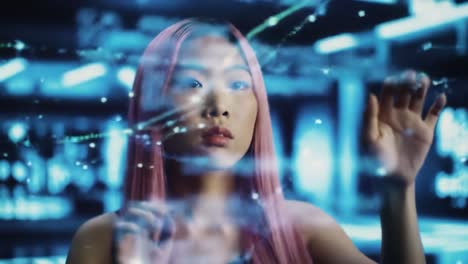 Woman interacting with a futuristic digital interface