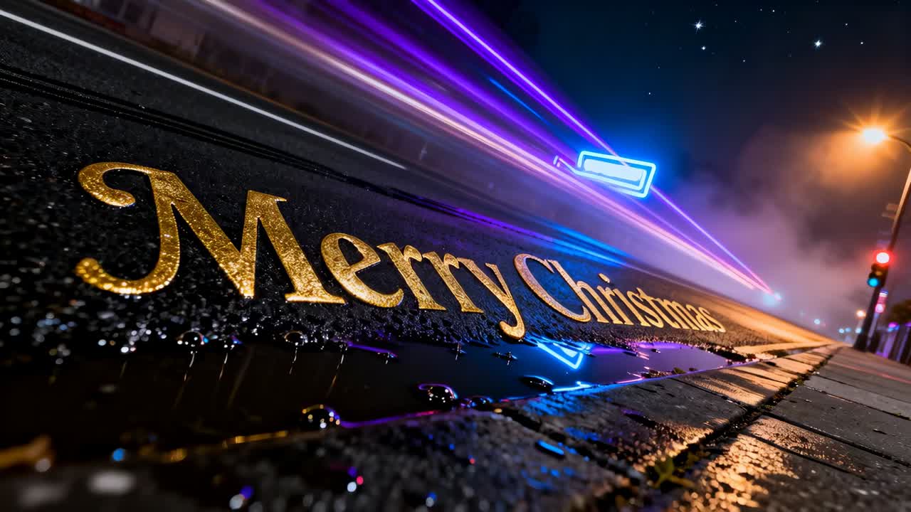 Headlights causing gold Merry Christmas letters glittering on wet curb at night, reflecting neon