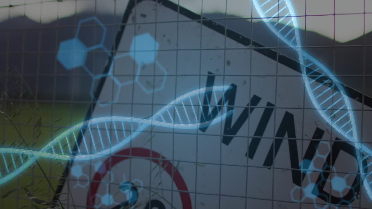 On overlay start helix and code graphics sliding across fence and occluding sign, showing data