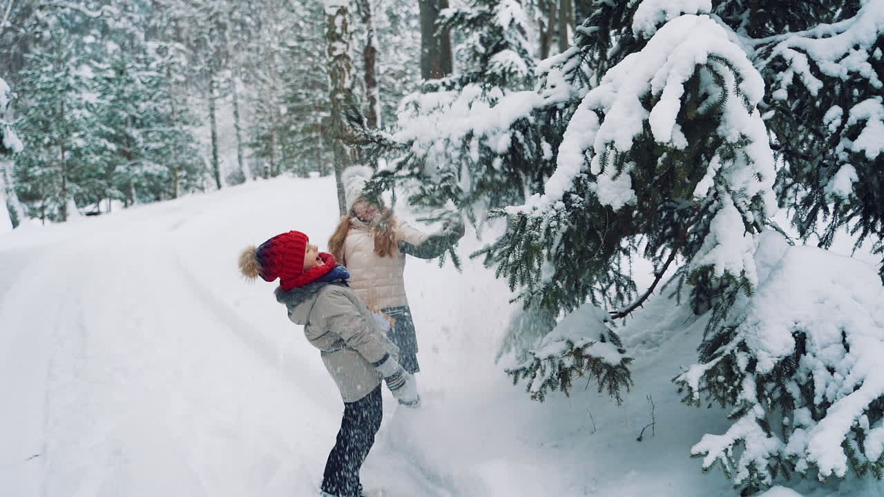 Happy little girls are playing in the beautiful park in winter. One cute child is shaking snowy branches of a fir tree on her girlfriend outdoors. Winter landscape. Slow motion.