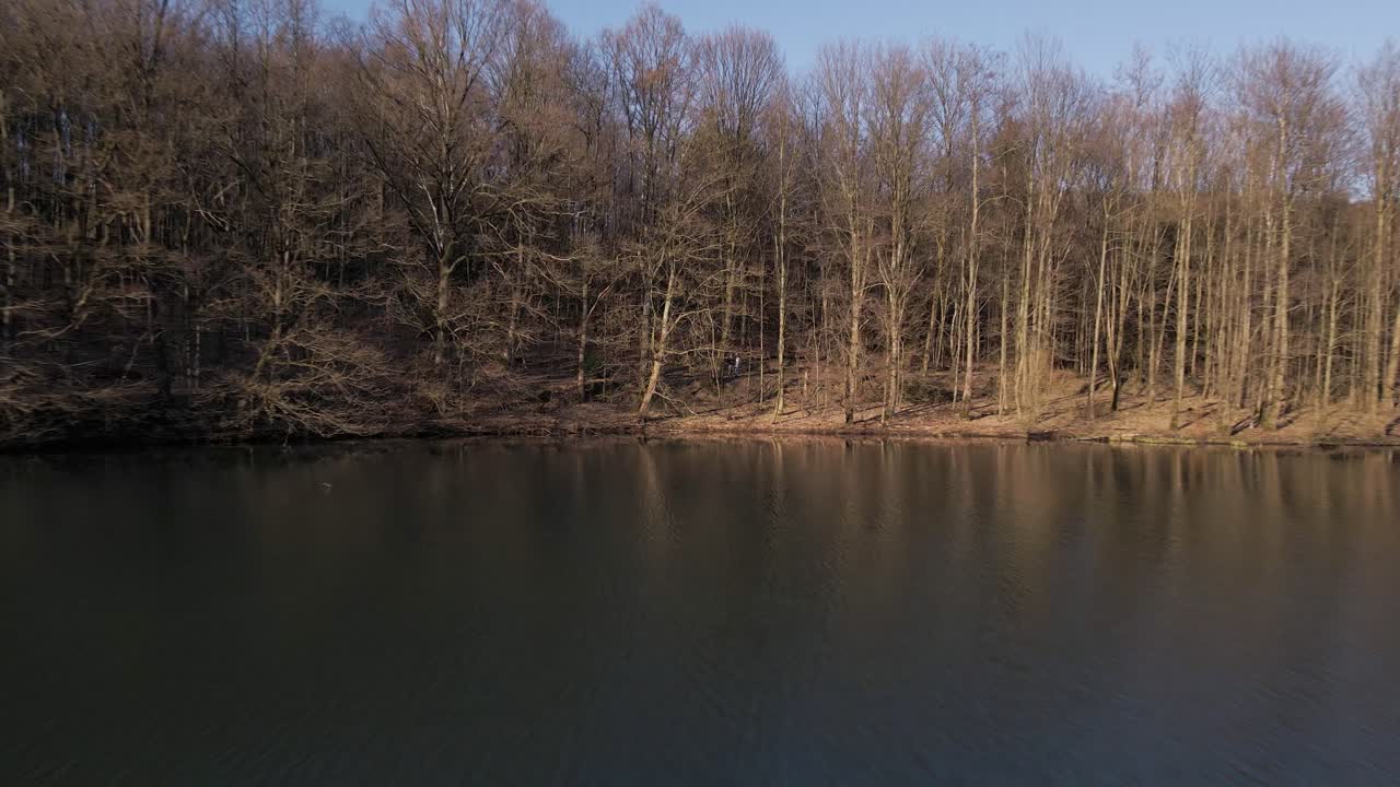 dos personas de pie dentro de un bosque marrón que crece a lo largo de la orilla de un lago azul al atardecer en alemania