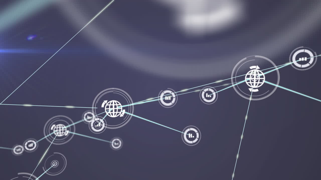 Animation of network of digital icons over light spot against blue background