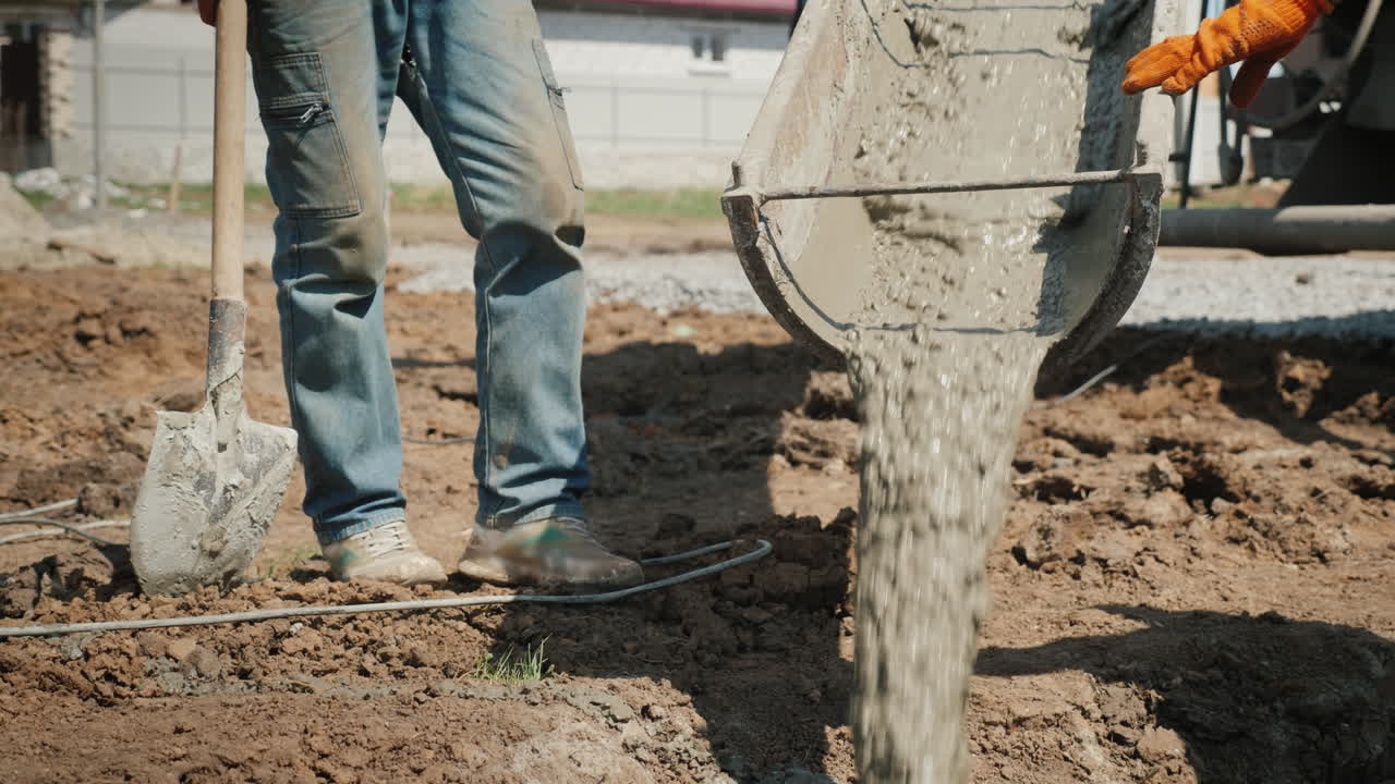 verter hormigón en los cimientos desde el canalón, el hormigón fluye junto al trabajador con una pala