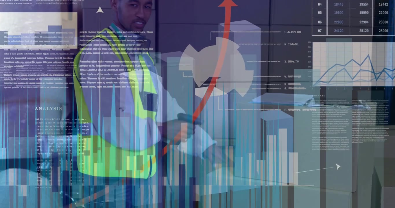 Animation of financial data processing over african american male worker in warehouse
