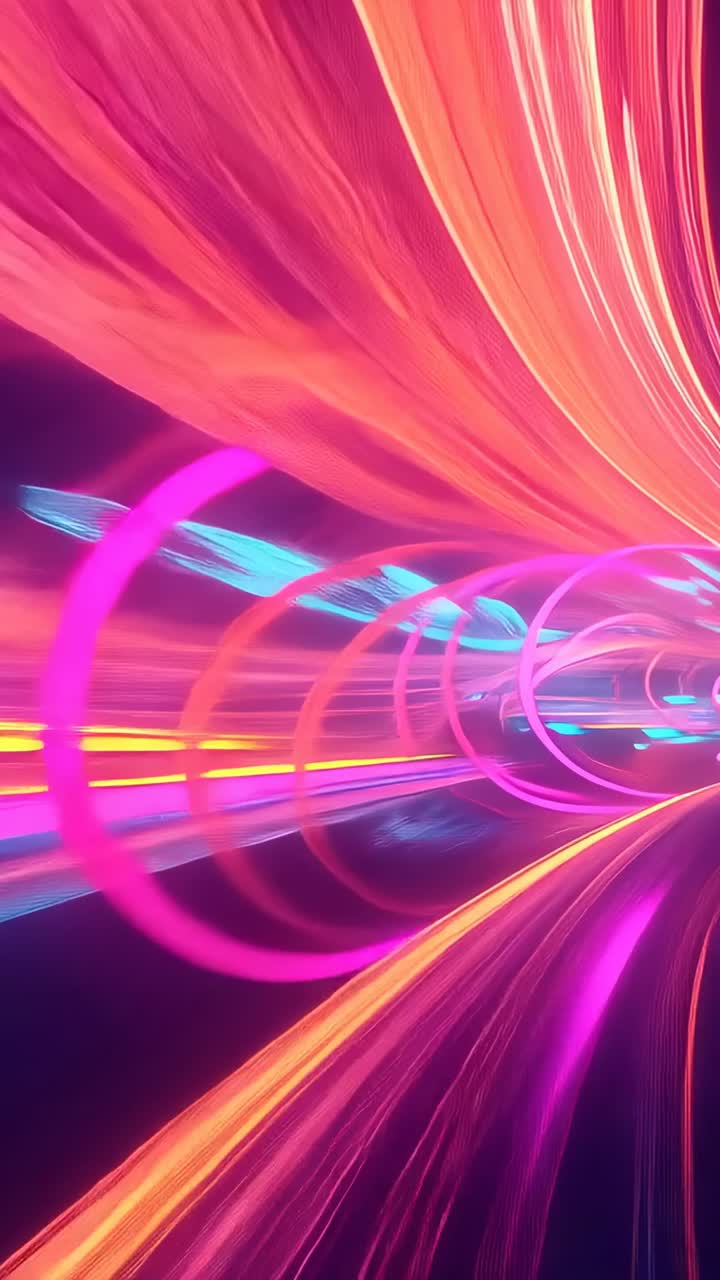 Vertical video: Moving camera through digital neon tunnel with glowing rings and flowing ribbons