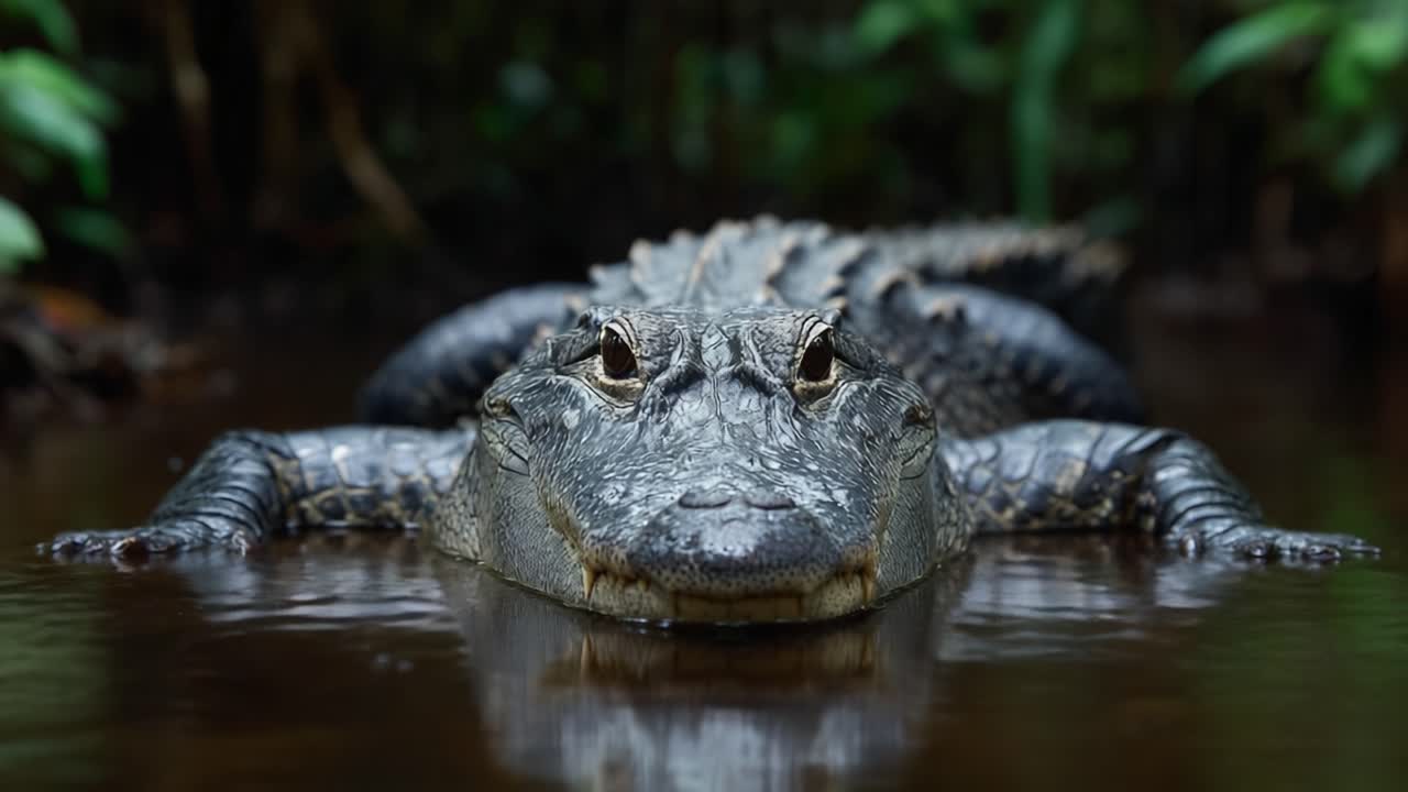Un incontro ravvicinato con un alligatore che scivola agevolmente attraverso acque calme, catturando l'imponente presenza di questo predatore rettile nel suo habitat naturale