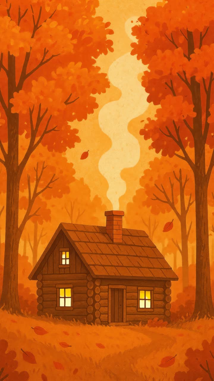Charming autumn scene with a cozy cabin amidst vibrant orange trees