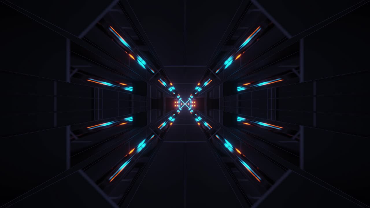 Animation of highly immersive dark space with blue and orange light rays representing futuristic sci-fi movie