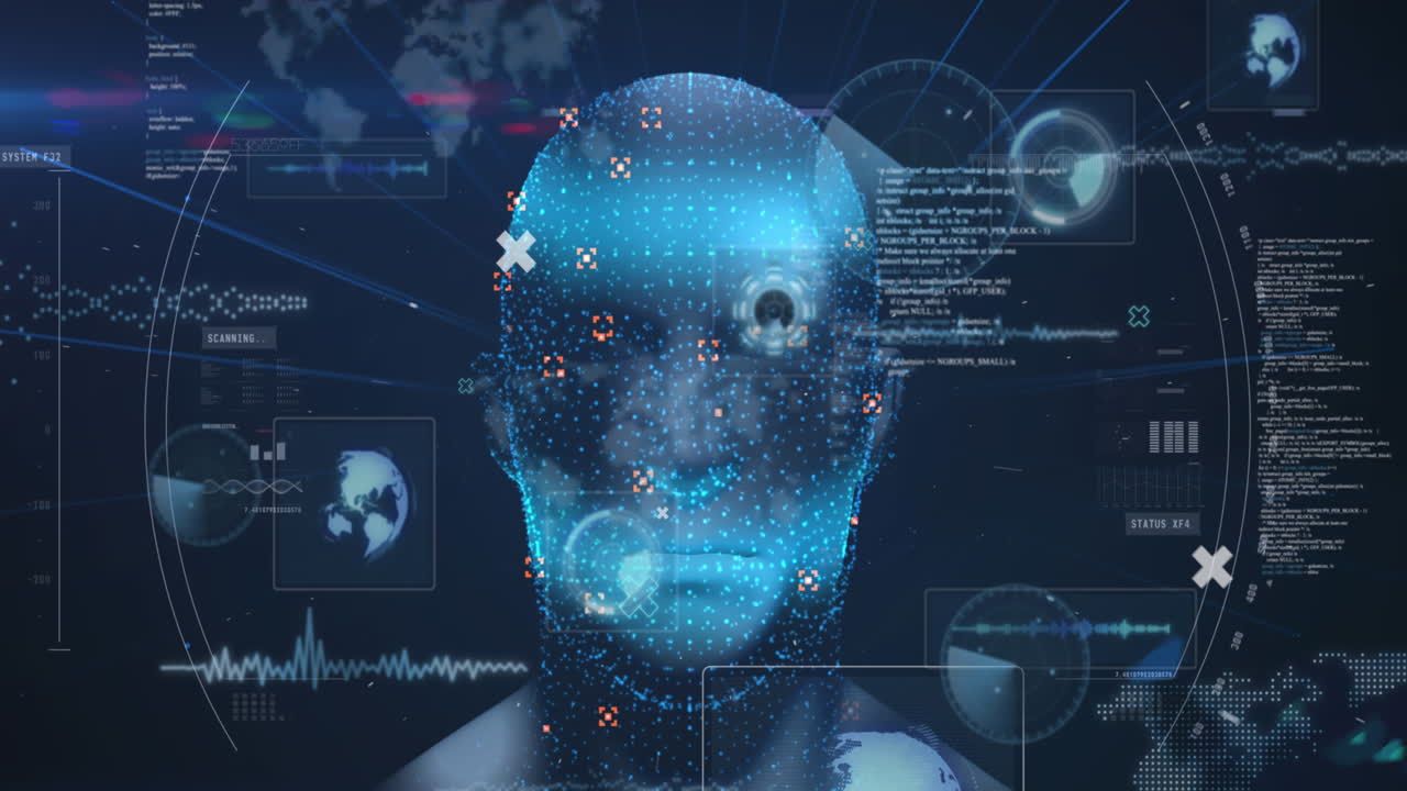 animación de un modelo giratorio de cabeza humana y procesamiento de datos en la interfaz