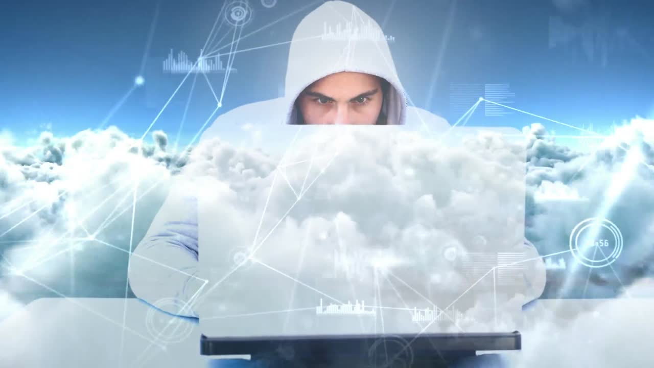 노트북 4k를 사용하는 후드 해커의 디지털 애니메이션