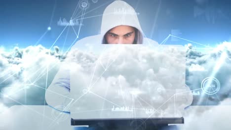 animación digital de un hacker encapuchado usando el portátil 4k