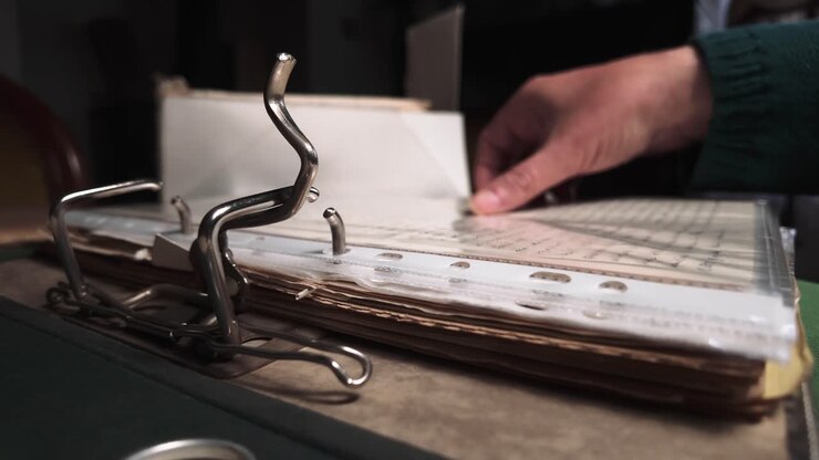 Home archivist organising personal documents into A4 protective sleeve