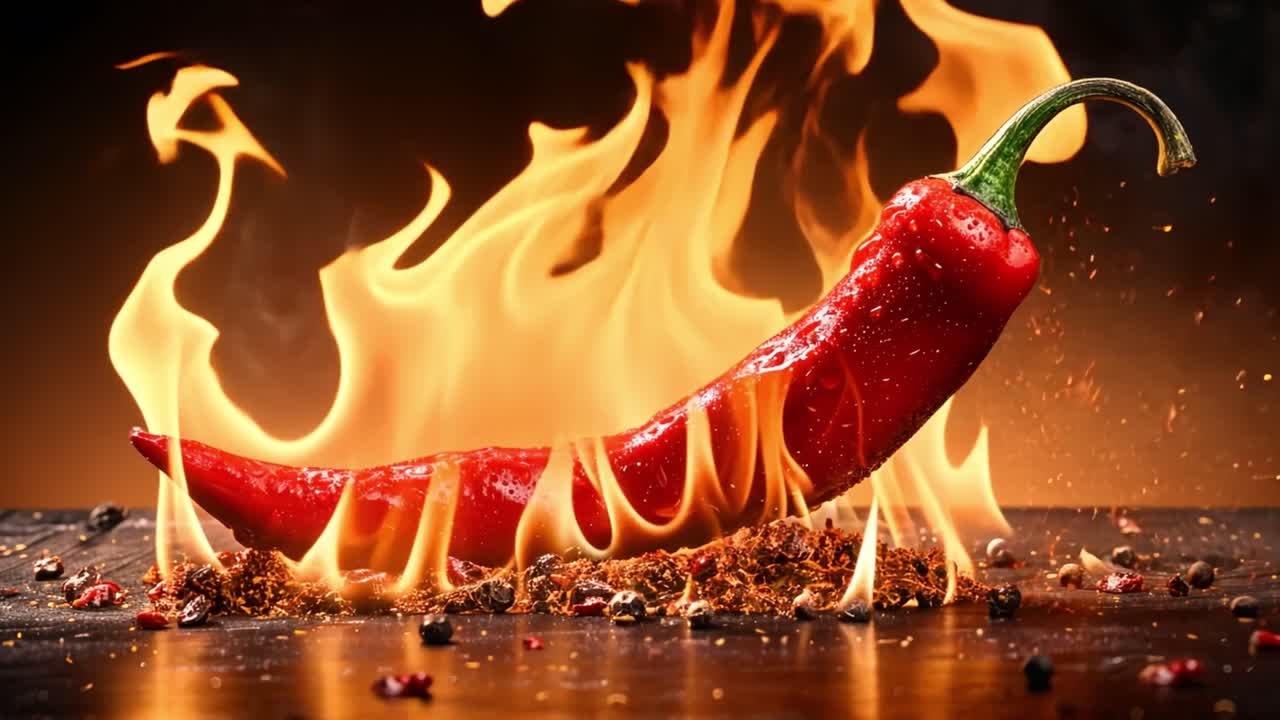 Fiery Red Chili Pepper Surrounded by Flames