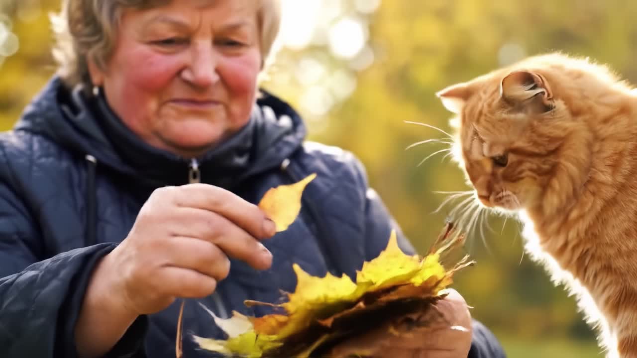 A Heartwarming Autumn Moment: An Elderly Woman Shares Nature's Beauty with a Curious Orange Cat While Collecting Colorful Leaves in a Sunlit Park