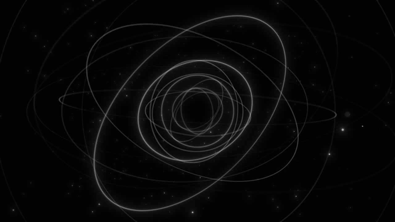 Monochrome science orbit visual with black space atom rings star particles and clean physics motion