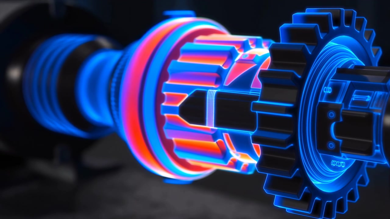 Oblique close-up of interlocking gear and rotor assembly showing glossy machined metal teeth outlined by electric blue rim light and intense internal warm-to-cool gradient across rotor cavities