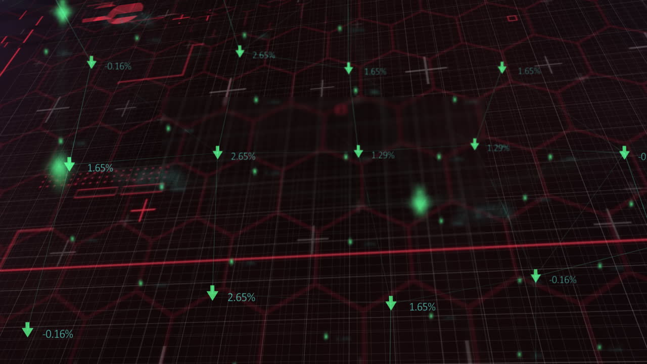Animation of red lines and numbers changing with green arrows on network of hexagons on grid backgro