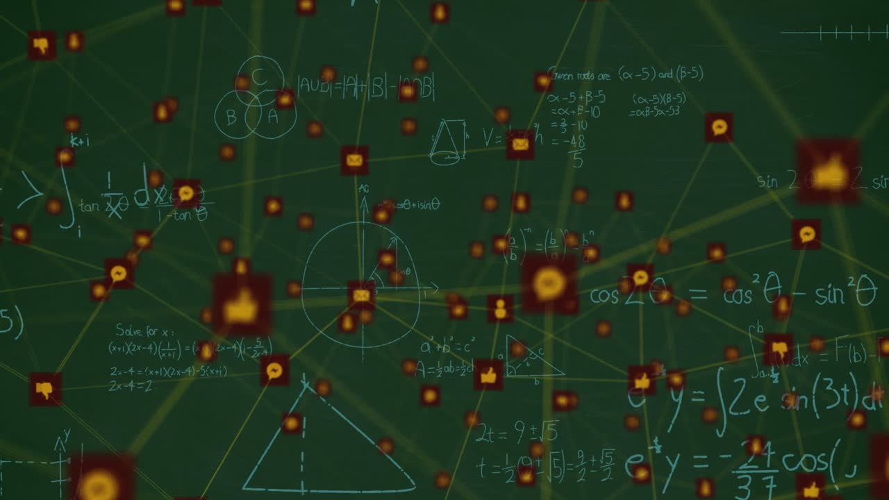 Animation of network of connections with icons over mathematical equations on green background