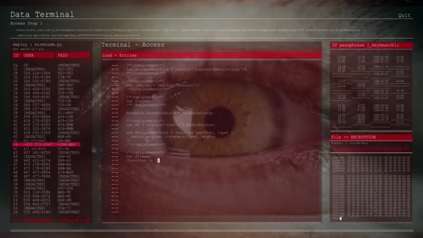 animation of data processing on computer screens over close up of eye blinking