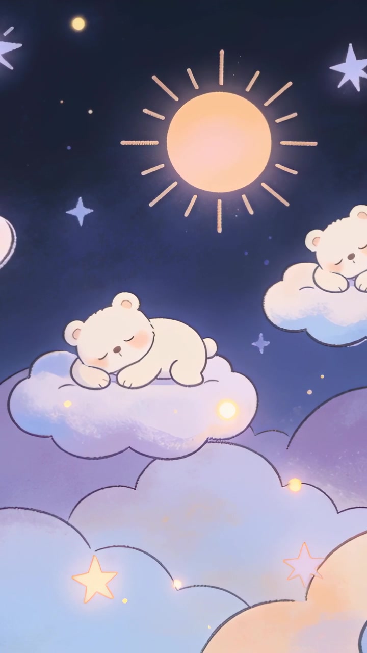 Vertical video: Sleeping cream-colored bear breathing on cloud, making dreamy moonlit scene