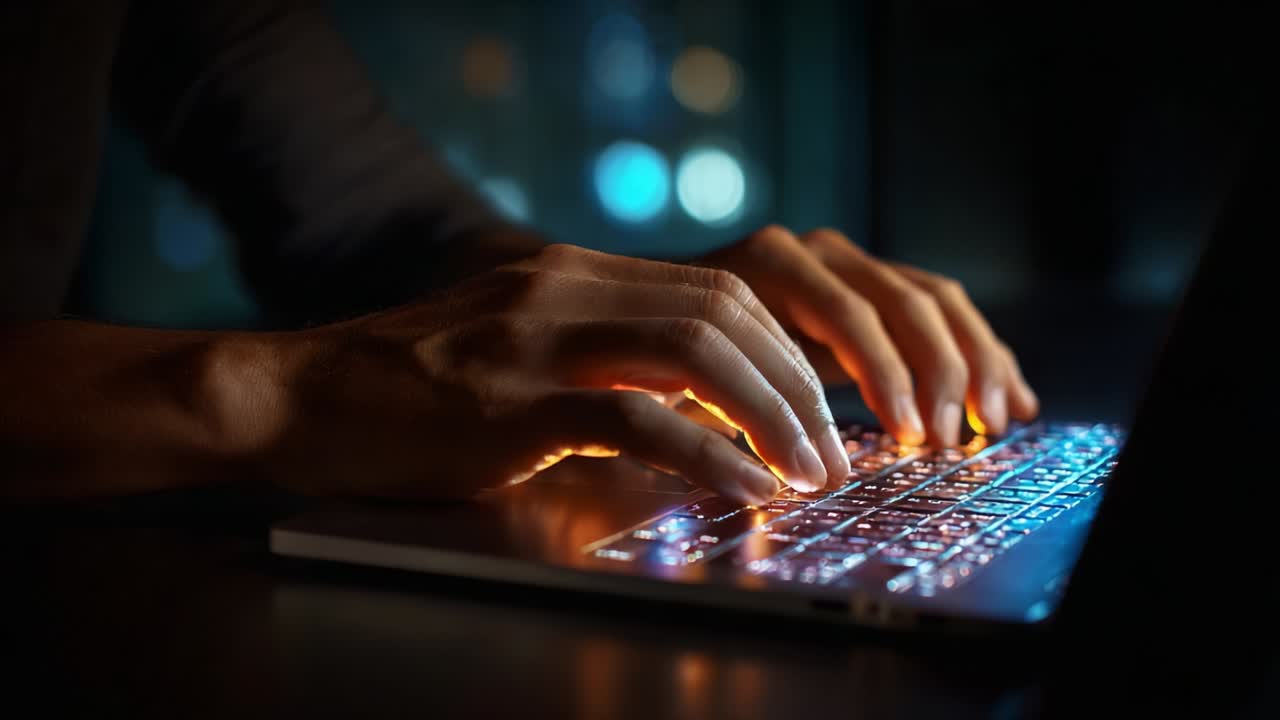 A Close-Up of Hands Typing on a Backlit Laptop Keyboard in a Dimly Lit Room, Showcasing the Intricacies of Modern Technology and the Art of Digital Communication in a Subtle Nighttime Setting