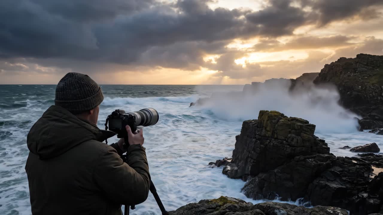 Fotógrafo capturando ondas oceânicas dramáticas quebrando em um litoral rochoso ao pôr do sol