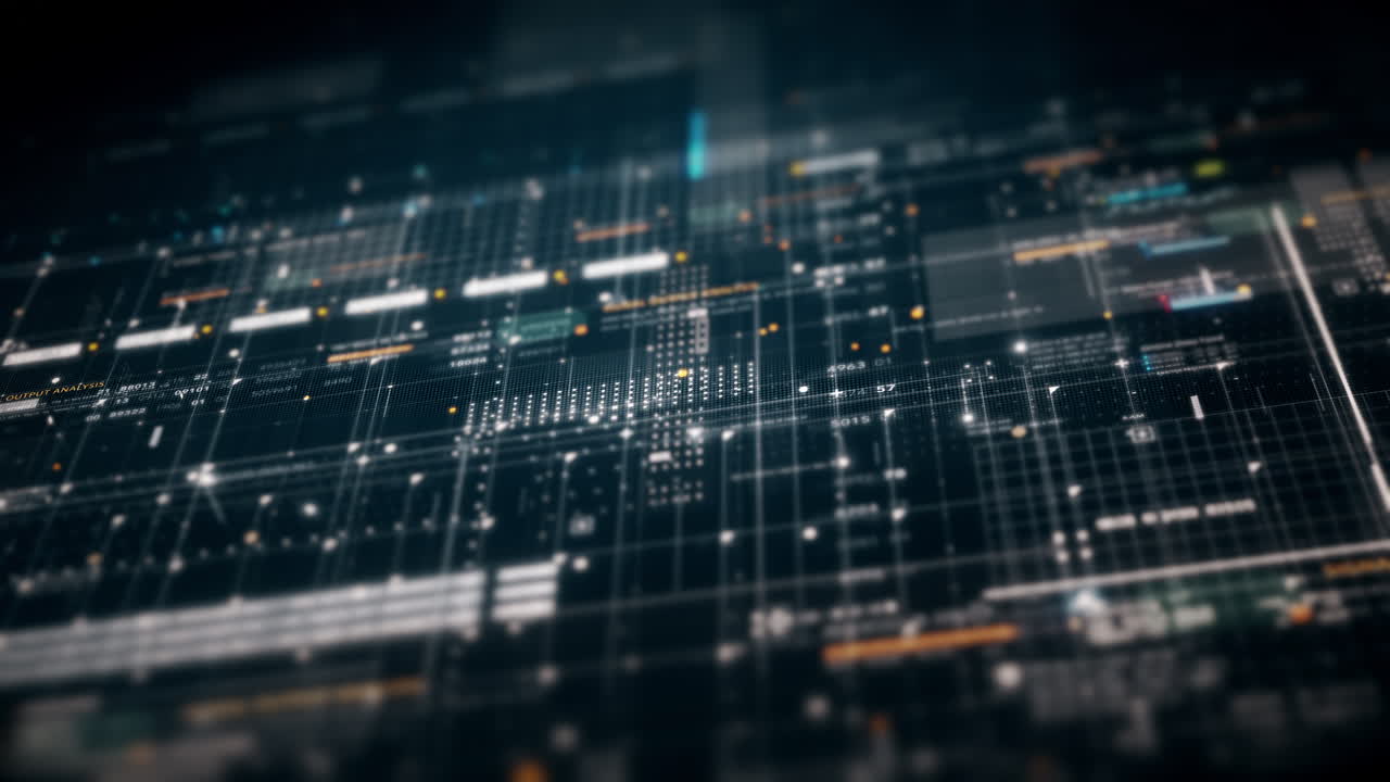 Advance data matrix, telemetry and encrypt numbers simulation user interface display in cyber space abstract de-focus environment background