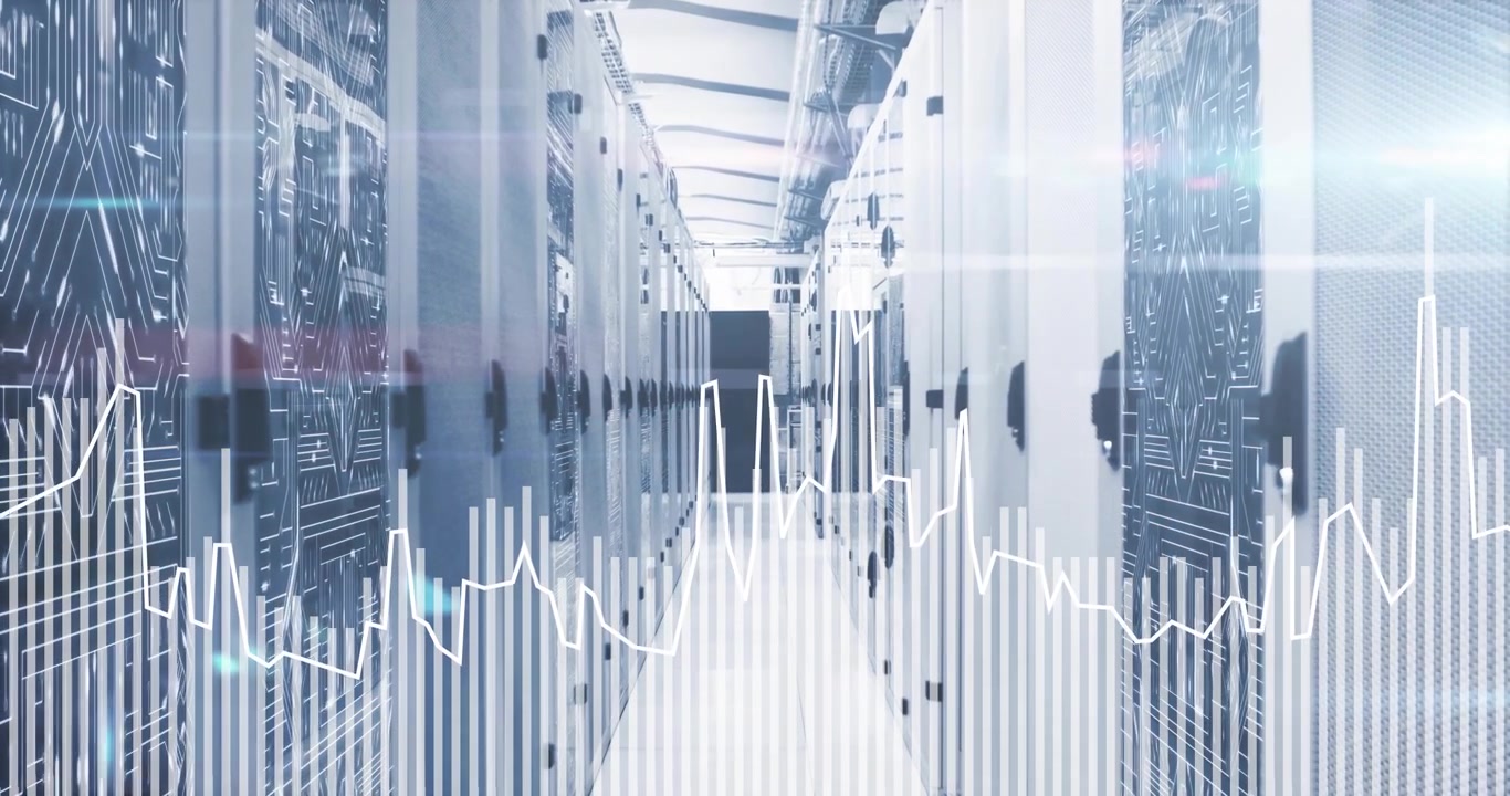 Data Center Server Room with Digital Analytics Overlay