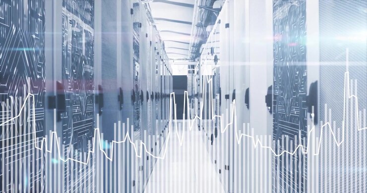 Data Center Server Room with Digital Analytics Overlay