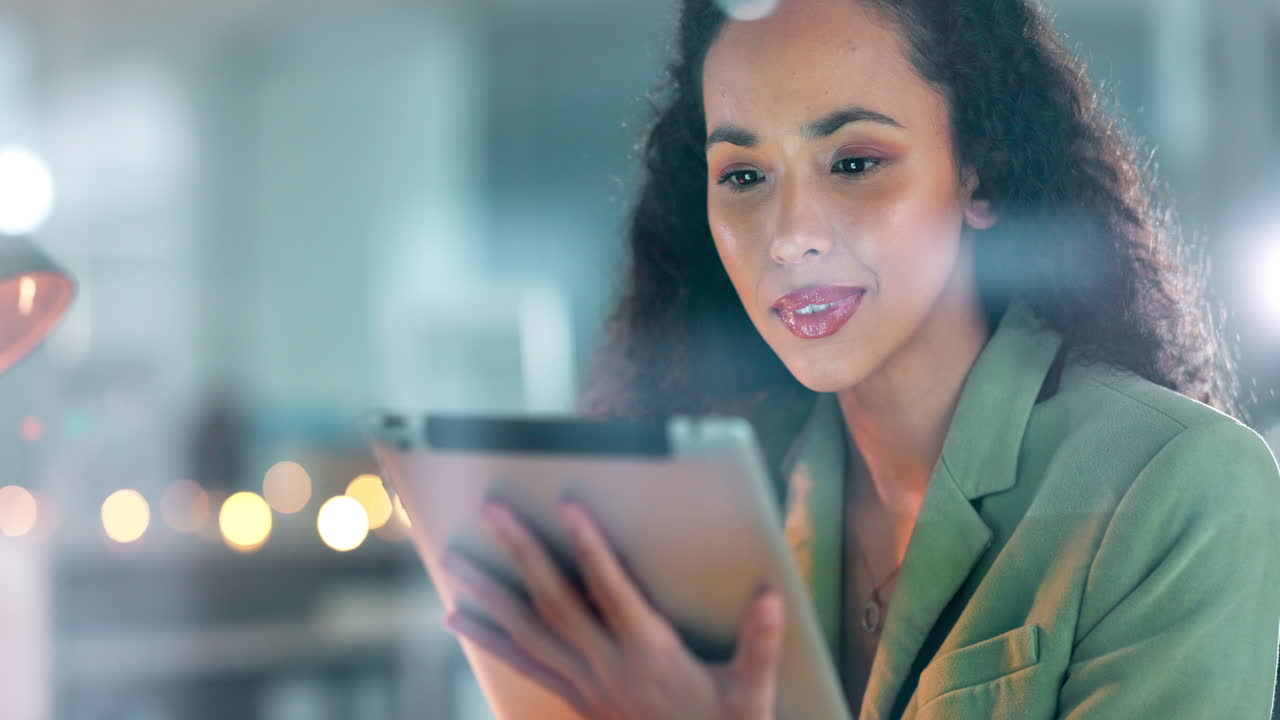 Tablet, night and search with black woman