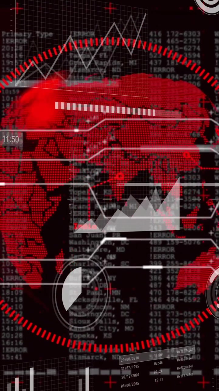 Financial data and stock market trends animation over red globe and charts