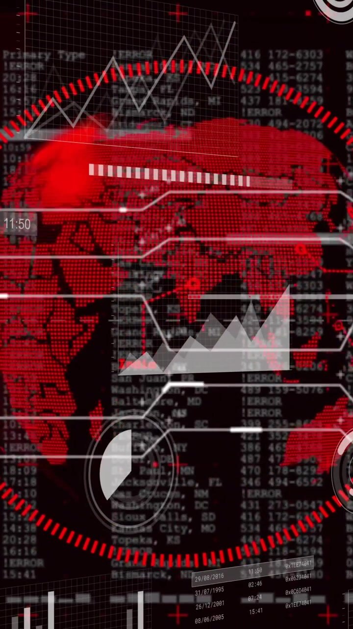 Financial data and stock market trends animation over red globe and charts