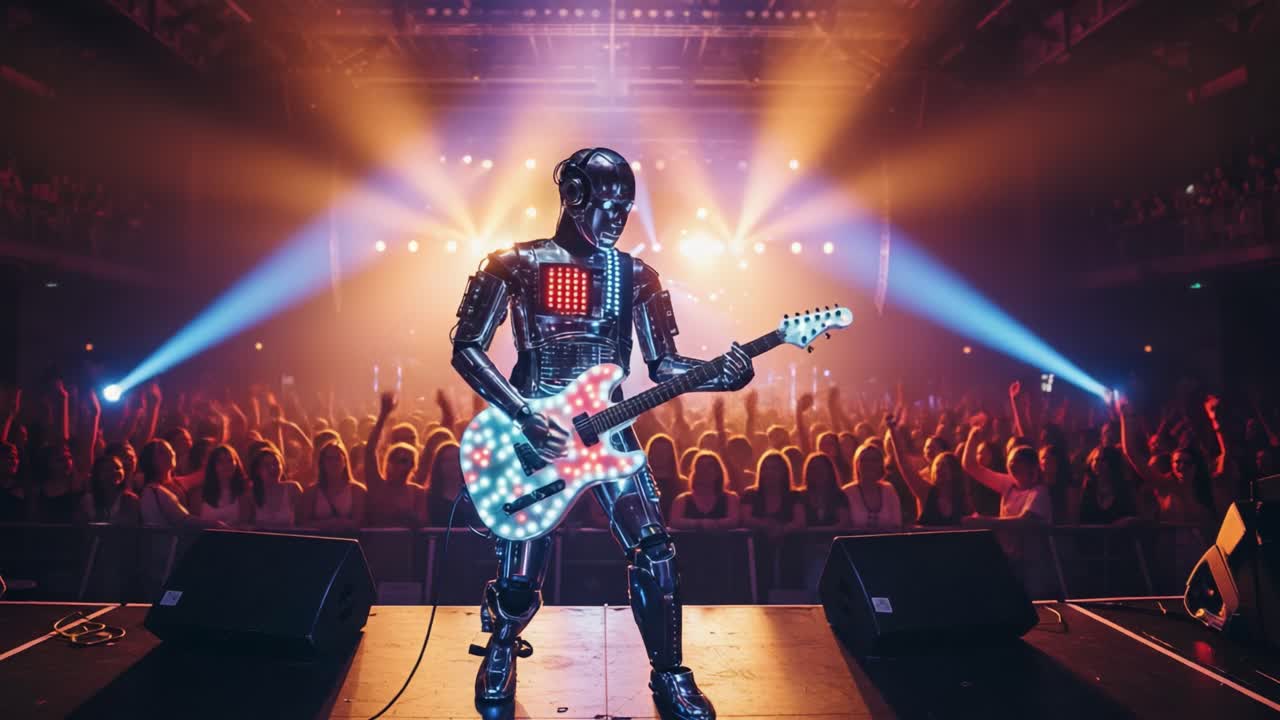 A mesmerizing performance by a robotic guitarist enchanting the crowd with captivating lights and music, showcasing a unique blend of technology and entertainment on stage