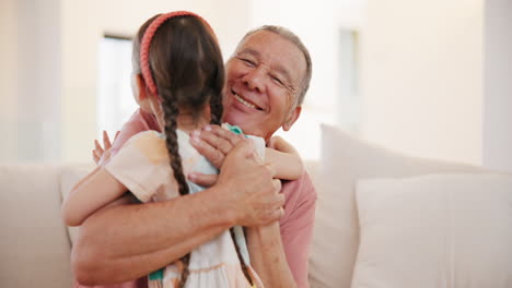 home, hug and grandfather with girl