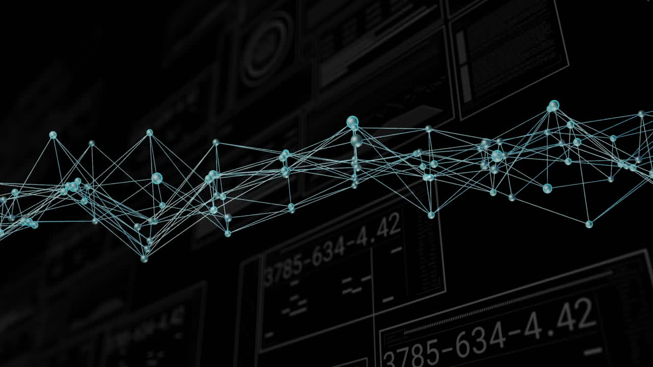 Animation of statistics and digital data processing over dna strand on black background