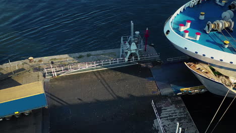 Camera-view-of-a-long-vehicle-leaving-the-deck-of-the-sea-ferry