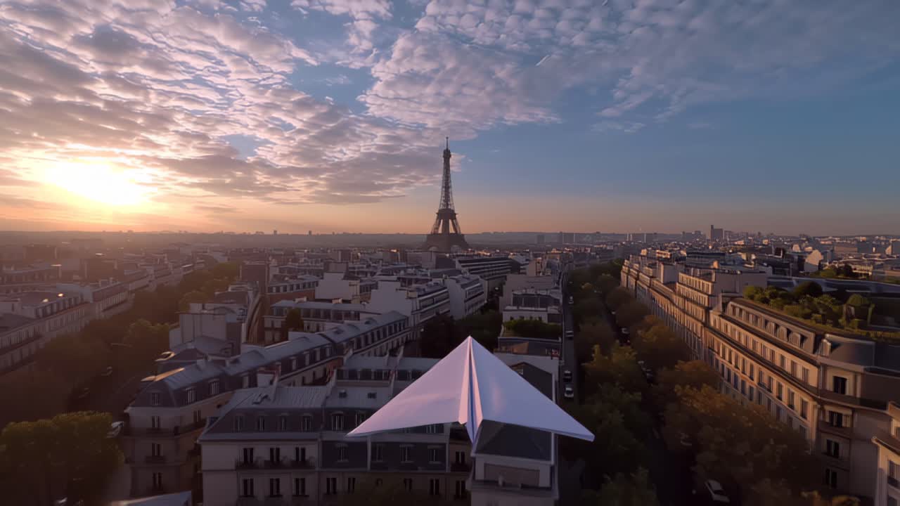 Droneoptagelse over hustagene i Paris ved solopgang, der indrammer Eiffeltårnet i det fjerne med et hvidt papirfly i forgrunden, et koncept om rejse og frihed.