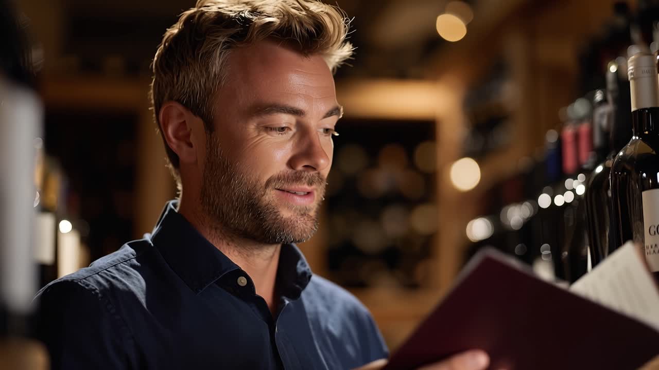 Mand studerer vinkort, øjnene bløde, fokuserede. Barlamper gløder bag ham, flasker glimter. Han bærer en mørk skjorte, rolig, opmærksom. Perfekt til restauranter, vinture eller eksklusive spisescener.