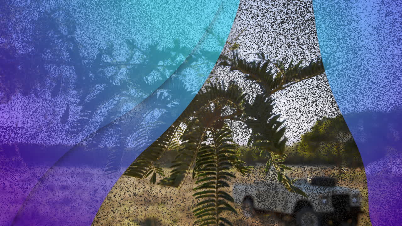 Animation of colorful abstract shapes overlaying tropical plants and vehicle outside