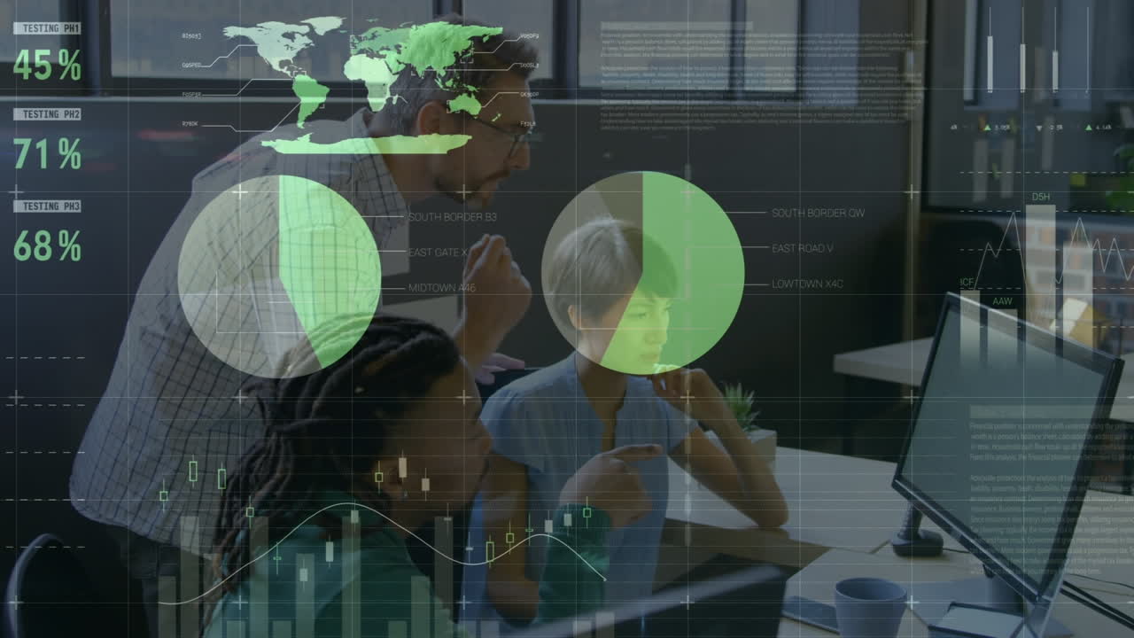 Animation of statistical data processing over diverse colleagues discussing over computer at office