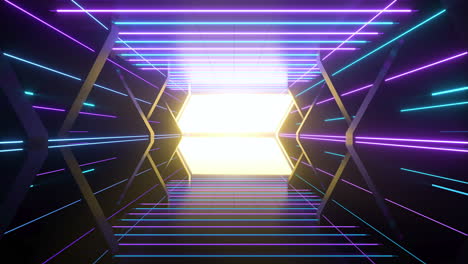 going forward in dark spaceship tunnel with glowing lines, 3d rendering.