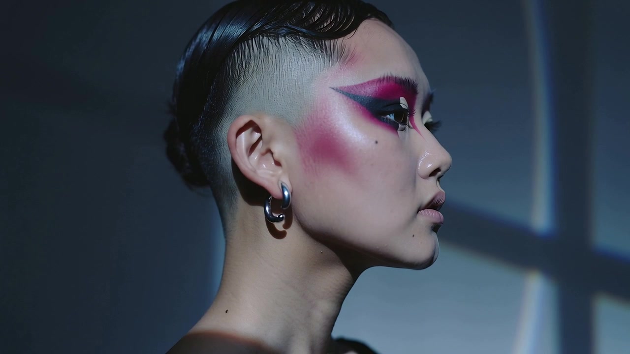 Modella che si gira al segnale con trucco magenta che ruota in studio per un ritratto mostrando orecchini a cerchio argentati e abito senza spalline