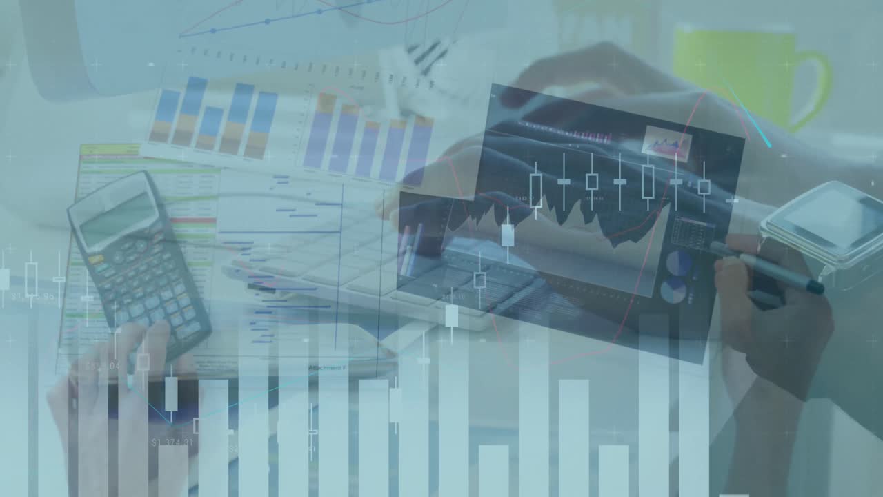 Animation of financial data processing over woman typing on computer keyboard