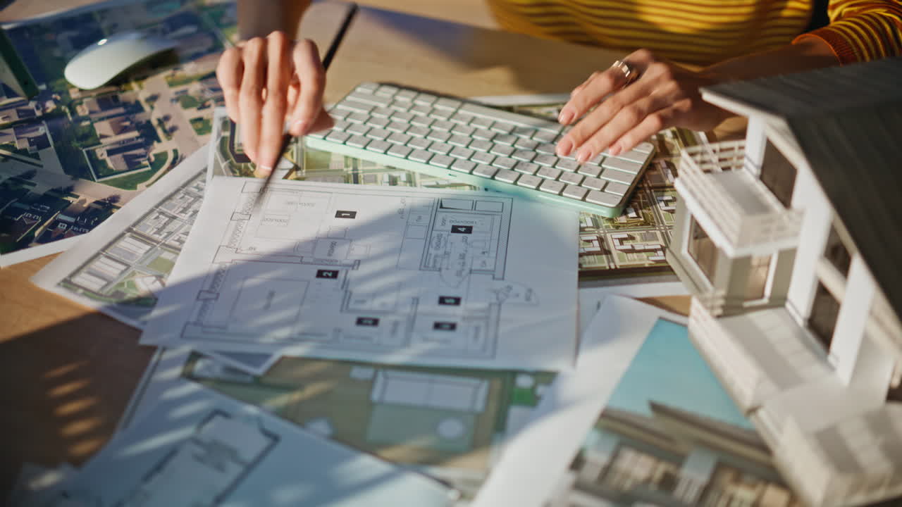 Architetto digita sulla tastiera mentre effettua calcoli per un progetto di costruzione in ufficio