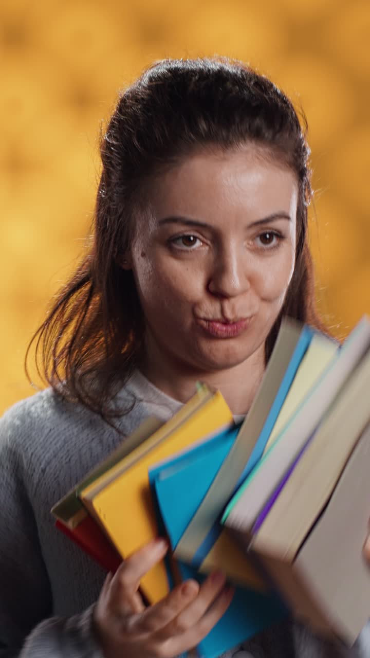 Giovane donna felice destreggia libri e sorride in modo giocoso