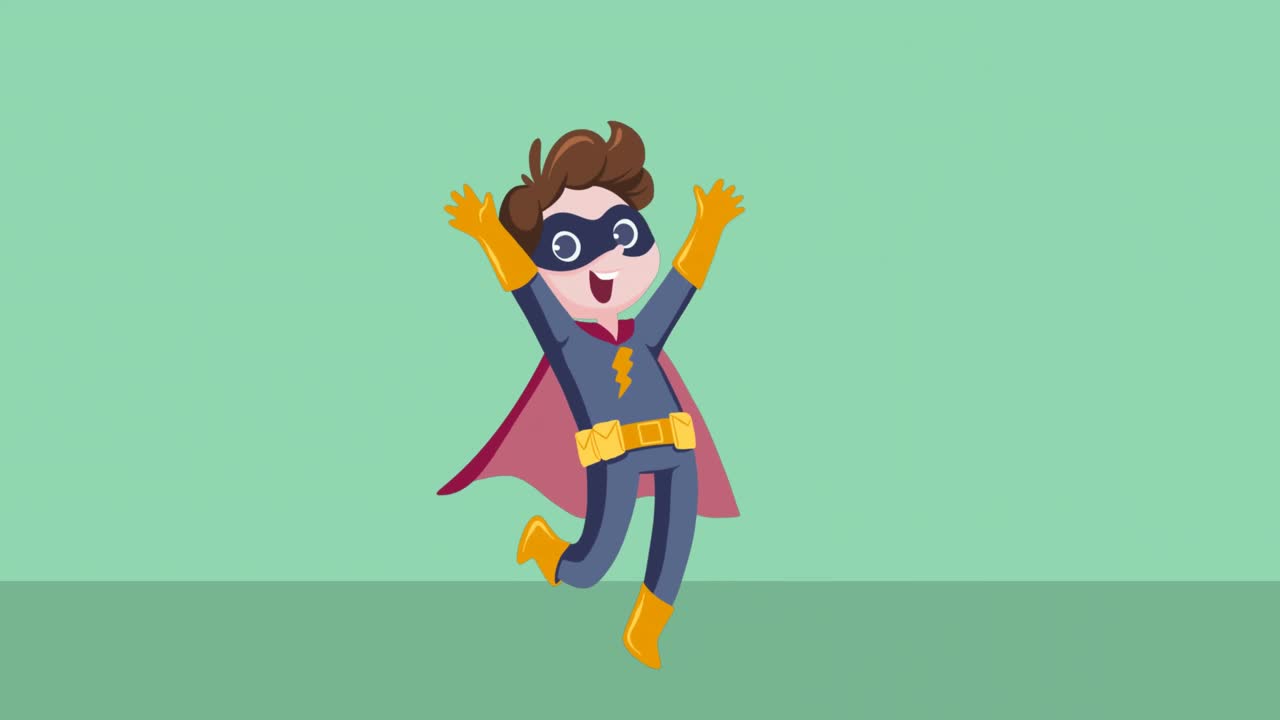 초록색 배경에 복사 공간을 가진 슈퍼 히어로 소년의 애니메이션